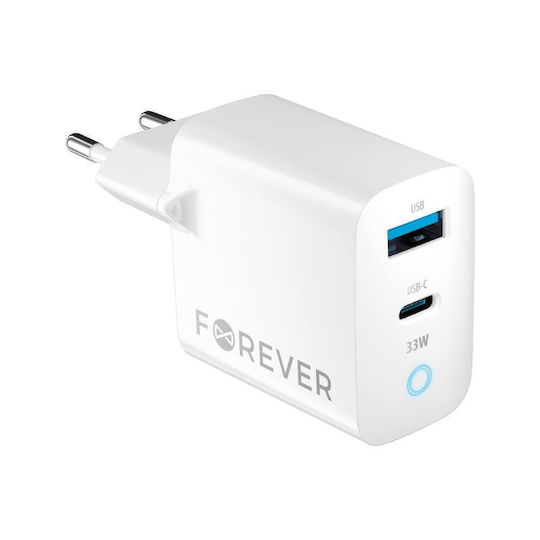 Forever Φορτιστής Χωρίς Καλώδιο με Θύρα USB-A και Θύρα USB-C 33W Power Delivery Λευκός (GSM171395)