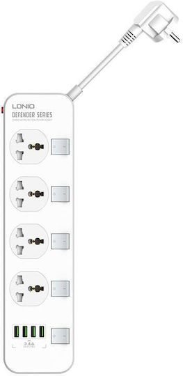 Πολύπριζο 4 Θέσεων με 4 USB-A και Καλώδιο 2m Αγγλίας (Type G)