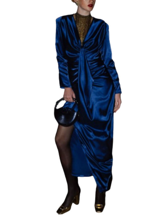 La Chaîne Maxi Βραδινό Φόρεμα Σατέν με Σκίσιμο Μπλε