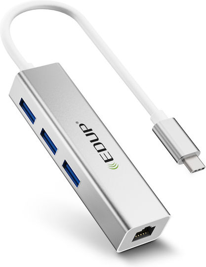 EDUP USB-Hub Mit 3 Anschlüssen USB 3.0 Mit USB-C Anschluss Ethernet Silber