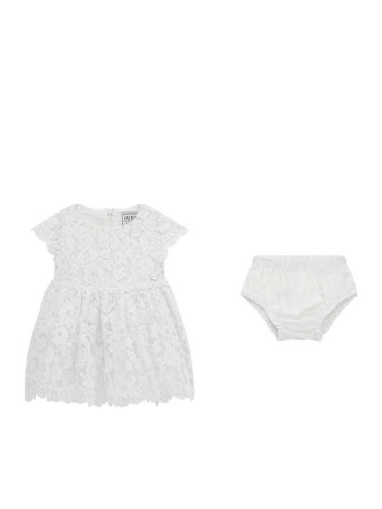 Girls Dress Short Sleeve with Lace for Flower Girl Set with Panty White