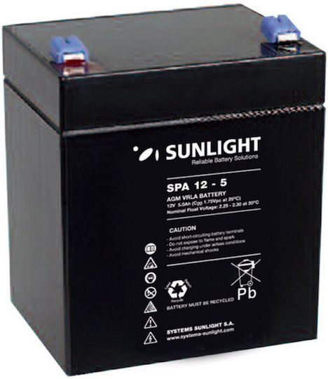 SunLight 6.3mm Vrla Agm Батерия UPS с Капацитет 5Ах и Напрежение 12V 1бр