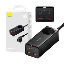 Baseus Încărcător cu Cablu Integrat GaN cu 2 Porturi USB-A și 2 Porturi USB-C 100W Încărcare rapidă 4.0 Negruς (GaN3 Pro)