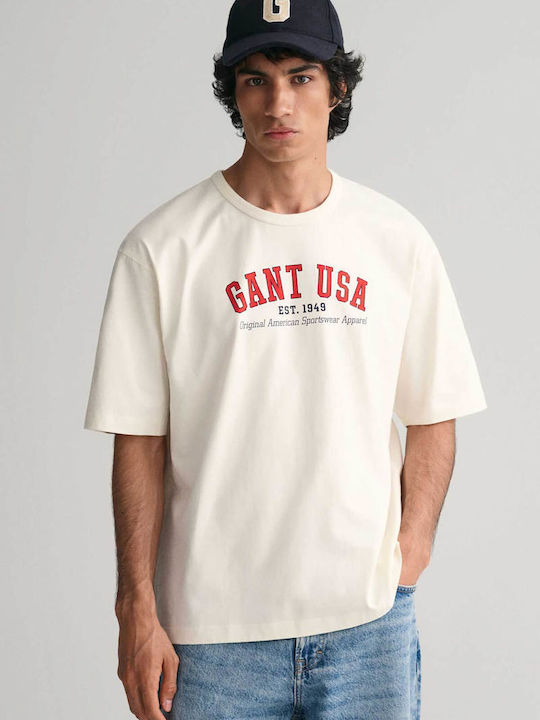 Gant Ανδρική Μπλούζα Κοντομάνικη Κρέμ