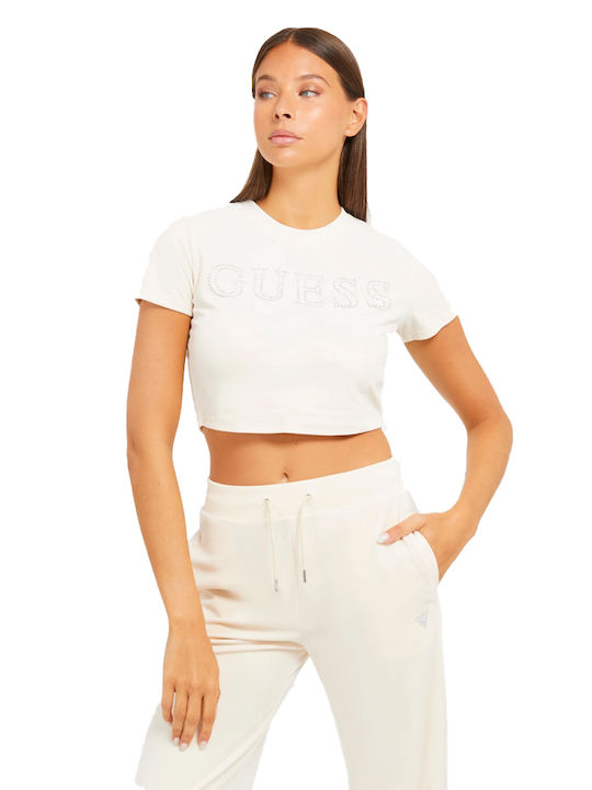 Guess Athleisure W pentru Femei Crop Top cu Mâneci Scurte cream