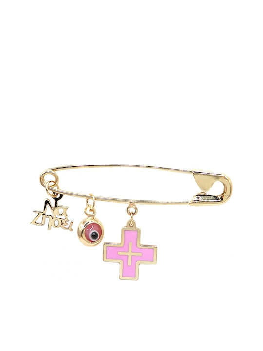 Polytimo Child Safety Pin made of Gold 9K with Cross for Girl