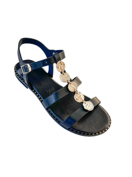 Gkavogiannis Sandals Leder Damen Flache Sandalen in Schwarz Farbe