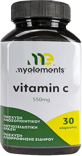 My Elements Vitamin C Βιταμίνη για Ενίσχυση του Ανοσοποιητικού, τo Δέρμα & Αντιοξειδωτική δράση 550mg Πορτοκάλι 30 κάψουλες