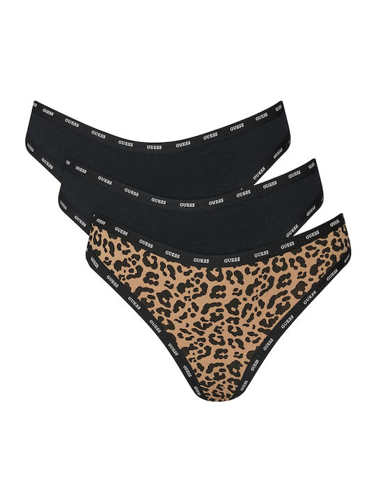 Guess Βαμβακερά Γυναικεία String 3Pack Καφέ
