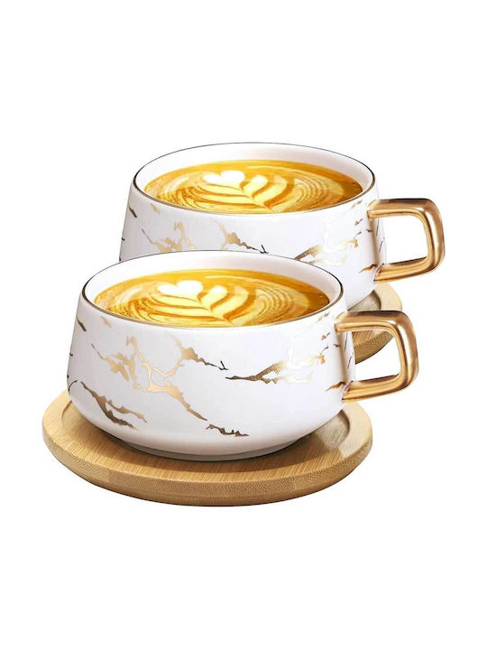 VETIN White - Cappuccino Cups with Wooden Saucer 2 pieces | Marble Cup | Porcelain Espresso Cups 300 ml | Cups for Tea & Coffee | Gift Set