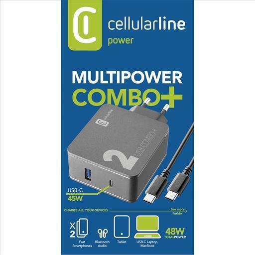 Cellular Line Charger Without Cable with USB-A Port and USB-C Port 48W Quick Charge 3.0 Gray (ACHITKITC2CQCPD48K)