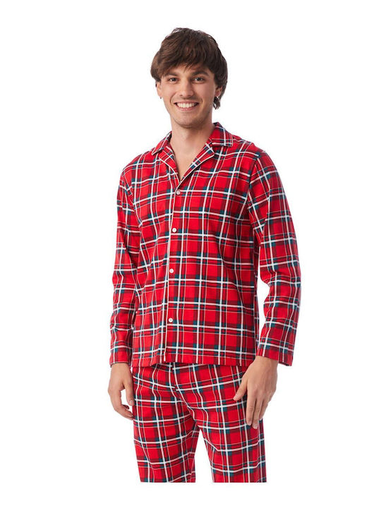 Minerva Men's Winter Cotton Checked Pajamas Set Red-Green