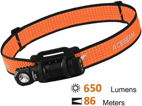 Acebeam Rechargeable Headlamp LED IP68 with Maximum Brightness 650lm H16 Black