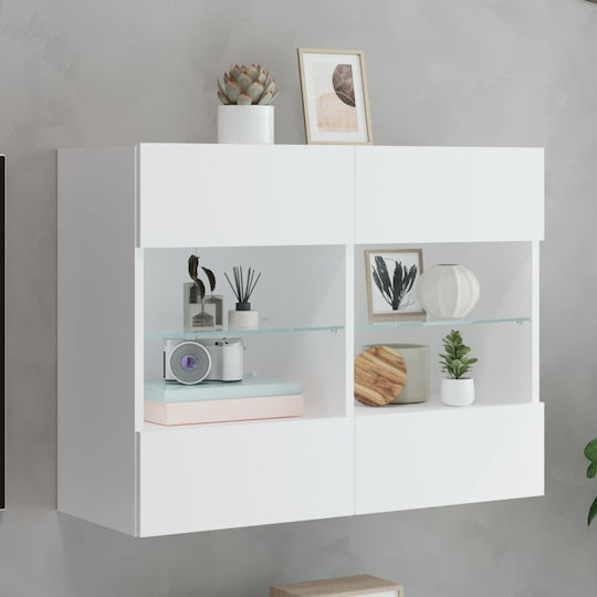Hängevitrine fürs Wohnzimmer aus Spanplatte Weiß mit Glas & LED-Beleuchtung 78,5x30x60,5 cm
