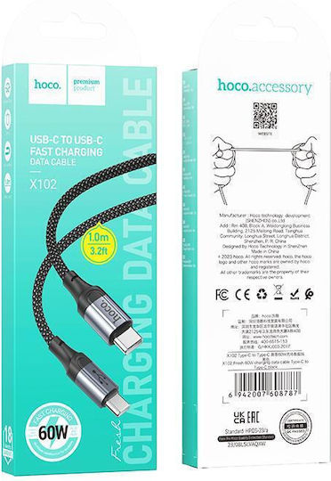 Hoco X102 Braided USB 2.0 Cable USB-C Male USB-C 60W Black 1m HC-X102TTBK