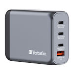 Verbatim Зарядно без кабел GaN (Галуниев нитрид) с USB-A порт и 3 USB-C порта 100W Доставка на енергия / Бързо зареждане 3.0 Сив (GNC-100)
