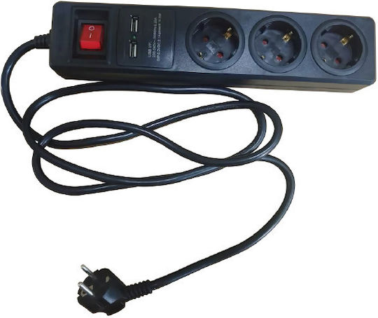 Aca Steckdosenleiste mit Überspannungsschutz 3 Positionen mit 2 USB-A und Kabel 1.5m