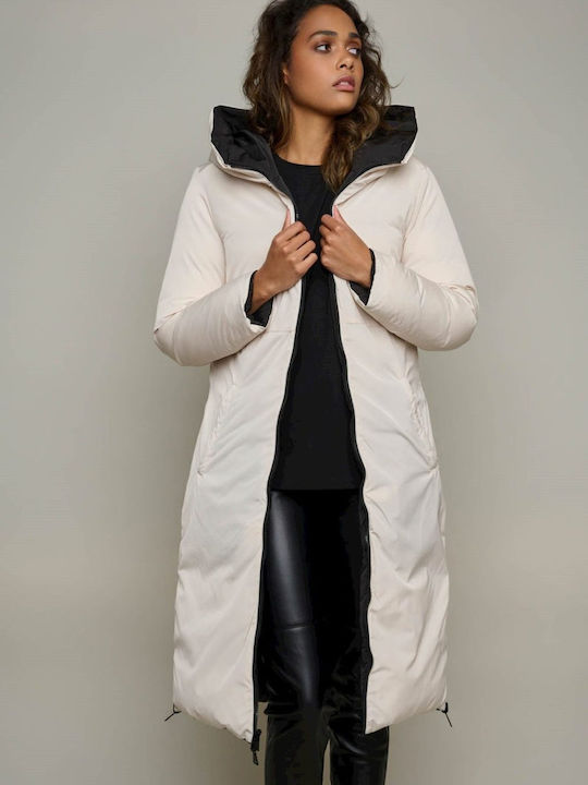 Rino&Pelle Women's Short Puffer Jacket Double Sided for Winter Ecru - Black