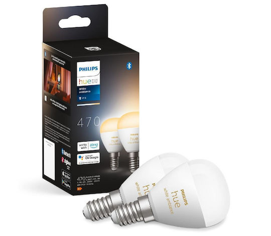 Philips Smart Λάμπες LED 5.1W για Ντουί E14 και Σχήμα P45 Ρυθμιζόμενο Λευκό 470lm Dimmable 2τμχ
