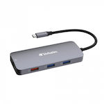 Verbatim CMH-9 USB-C Stație de andocare cu HDMI 4K PD Ethernet Gri