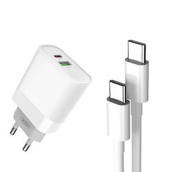 XO Φορτιστής με Θύρα USB-A και Θύρα USB-C και Καλώδιο USB-C - USB-C 20W Power Delivery / Quick Charge 3.0 Λευκός (L64)