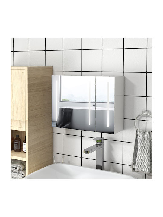 Kleankin Банско Огледало LED от MDF с Рафт 90x15см Бял