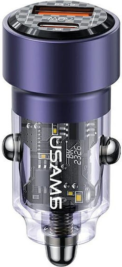 Usams Φορτιστής Αυτοκινήτου 60W με Θύρες: 1xUSB 1xType-C Μωβ Χρώμα