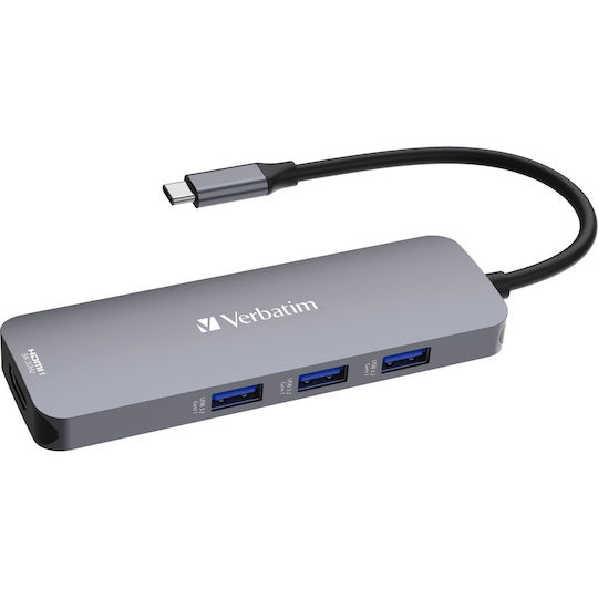 Verbatim USB-C Pro CMH-08 USB-C Docking Station with HDMI 4K PD and Support for 2 Monitors Gray