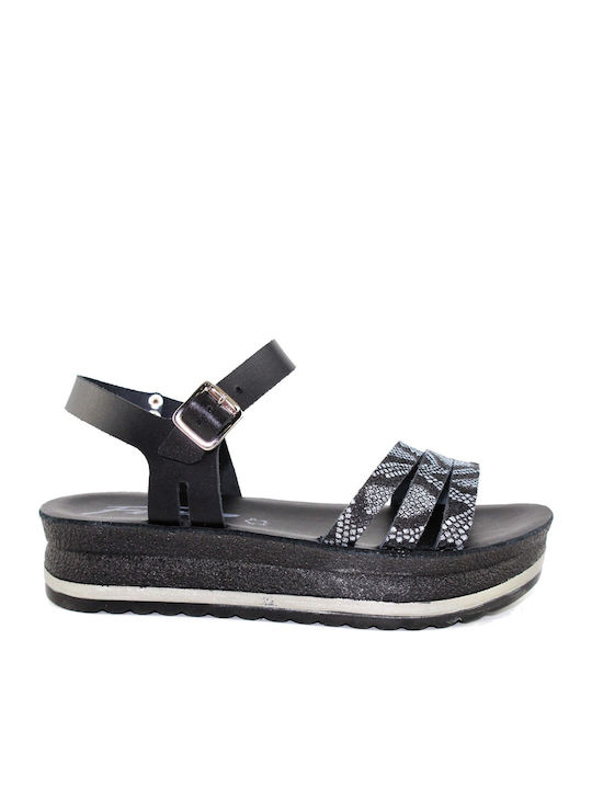 Fiore Collection Leather Women's Flat Sandals Flatforms in Black Color