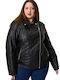 Potre Women's Short Biker Artificial Leather Jacket for Winter BLACK