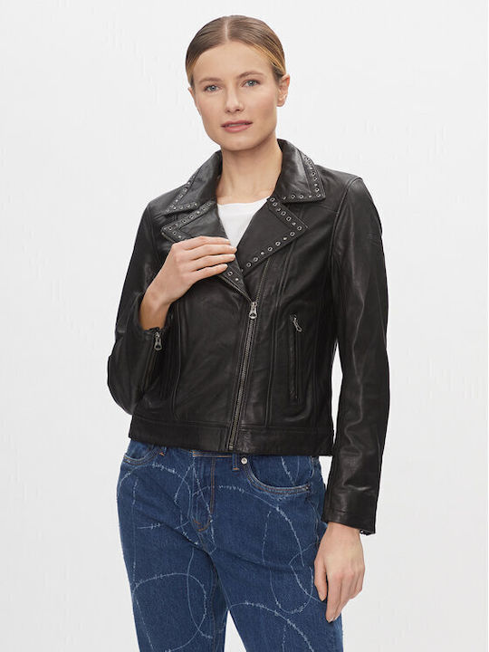 Pepe Jeans Women's Short Biker Leather Jacket for Winter BLACK