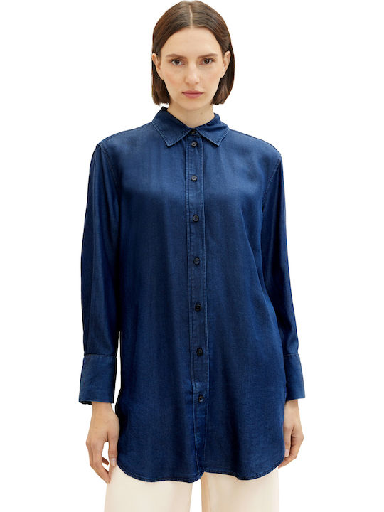 Women's Denim Long Sleeve Shirt Blue (clean Mid Stone Blue Denim)