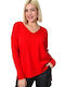 Potre Women's Long Sleeve Sweater Woolen with V Neckline Red