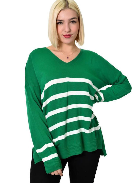 Potre Women's Long Sleeve Sweater with V Neckline Striped Green