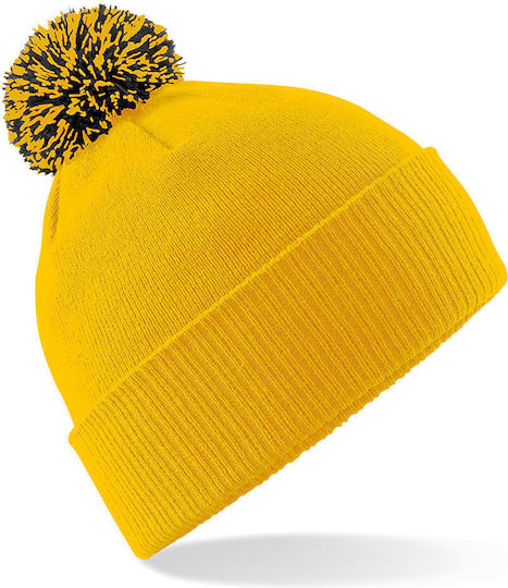 B450 Pom Pom Beanie Unisex Beanie Knitted in Gold color