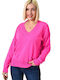 Potre Women's Long Sleeve Sweater with V Neckline Pink
