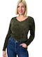 Potre Damen Langarm Pullover Baumwolle mit V-Ausschnitt Haki