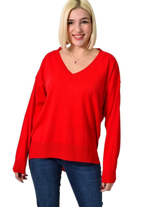 Potre Women's Long Sleeve Sweater with V Neckline Red