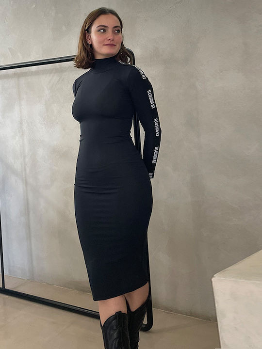 Rochie Midi cu Guler Înalt Negru