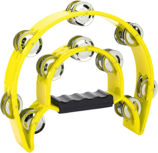 Crimson Yellow Plastic Hand Tambourine with Double Row Jingles