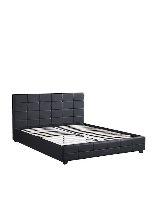 Abelia Κρεβάτι Υπέρδιπλο Επενδυμένο με Δερματίνη Μαύρο με Τάβλες για Στρώμα 160x200cm