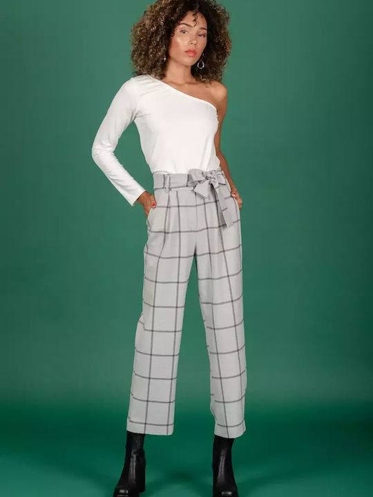 Women's High-waisted Fabric Trousers Checked Light Grey