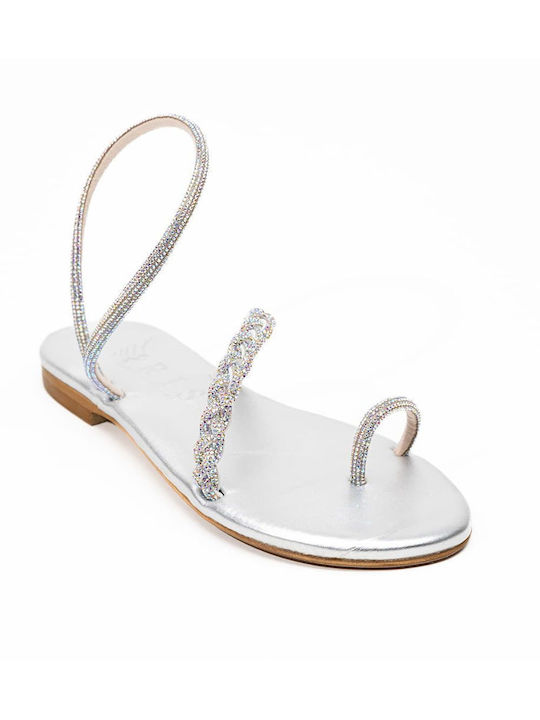 IRIS Leather Women's Flat Sandals in Silver Color