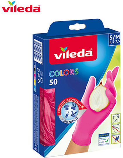 Vileda Colors Γάντια Νιτριλίου Χωρίς Πούδρα σε Ροζ Χρώμα 50τμχ