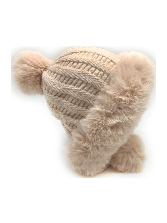 Pom Pom Beanie Γυναικείος Fleece Σκούφος Πλεκτός σε Μπεζ χρώμα
