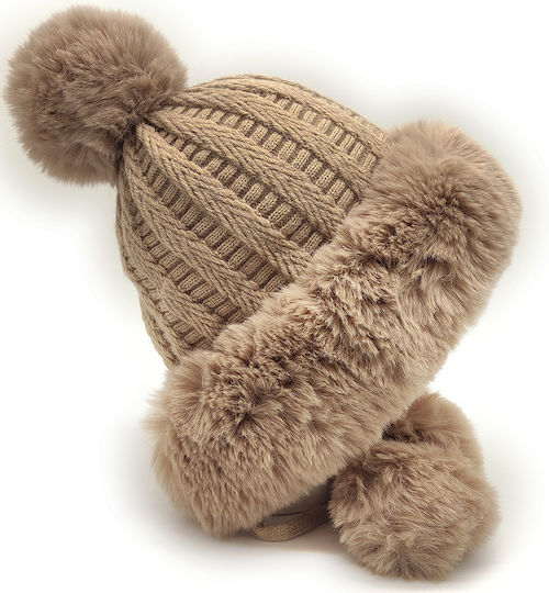 Pom Pom Beanie Fleece Beanie Knitted in Brown color