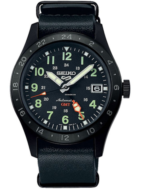 Seiko 5 Sports Ανδρικό Ρολόι 39mm Αυτόματο με Μαύρο Δερμάτινο Λουράκι