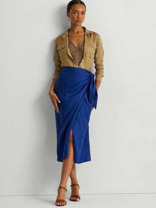Ralph Lauren Linen Midi Envelope Skirt Indigo Sail