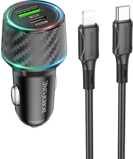 Borofone Автомобилен Зарядно Устройство 48W с Портове 1xUSB-A 1xType-C с Кабел Lightning Черен Цвят