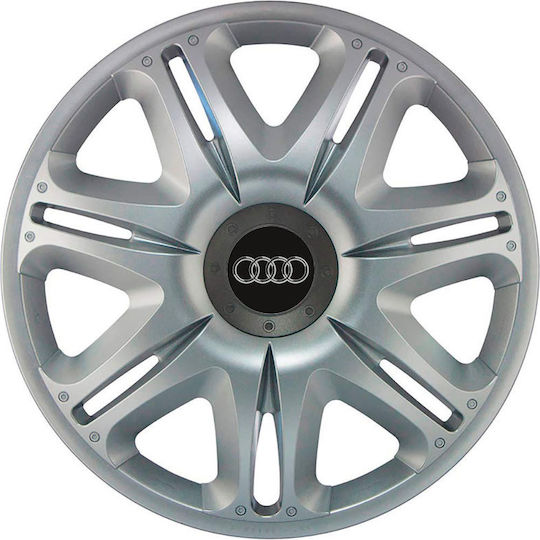 J-Tec Car Hubcap Set Nascar with Audi Emblem 13" 4pcs Silver